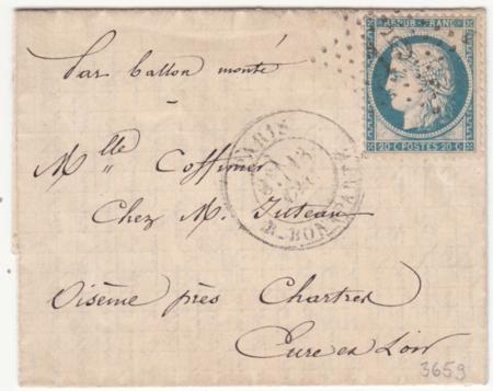 France Ballon Monte:  Le "Ville de Paris" VF complete folded letter Paris cancel