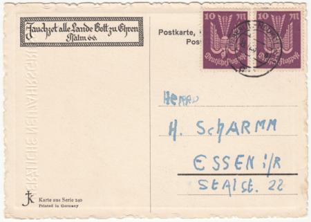 Germany 1923 PPC with 2x 10pf Airmails, sent to Essen