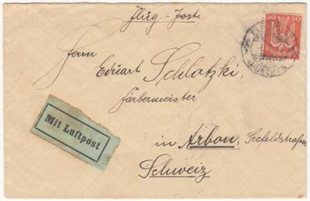 Germany 1924 Early Airmail Cover Sent to Switzerland