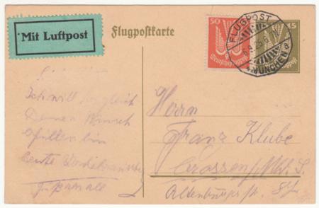 Germany 1925 15pf Printed Airmail Card with "Mit Luftpost" Vignette