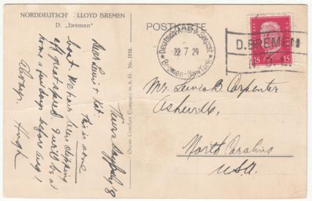 Germany 1929 PPC Bremen - New York, Picture depicts the Bremen