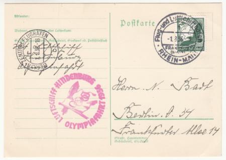 Germany 1936 Hindenburg Olympic Flight on Postal Card