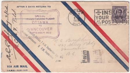 Canada 1928 Special Trans-Canada Flight Ottawa - Vancouver, Signed by Pilot A.E. Godfrey