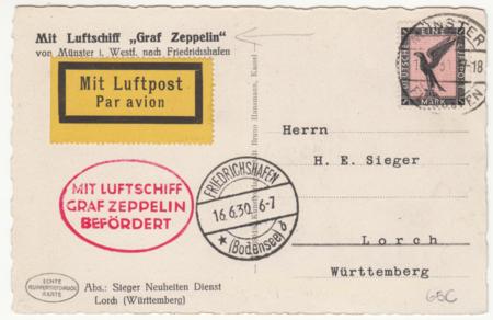 Germany 1930 Muenster  Zeppelin Flight on lovely PPC