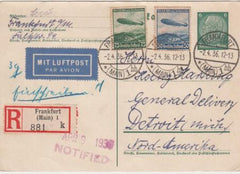 Germany 1936 Registered Airmail Card with C57-C58, Pre Zeppeln flight