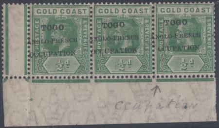 Togo 80v F - VF NH Lower Left Strip of 3 cv $105