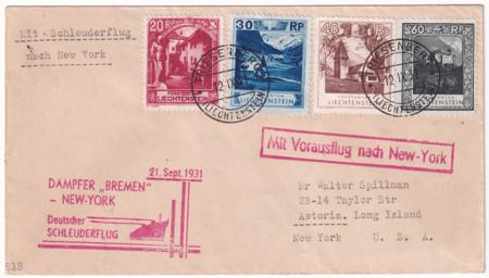 Liechtenstein 1931 Catapult Cover, Bremen - New York