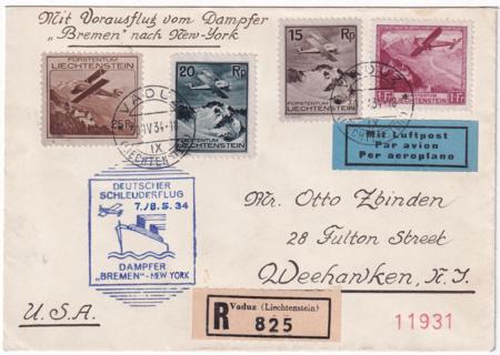 Liechtenstein 1934 Catapult Cover, Bremen - New York