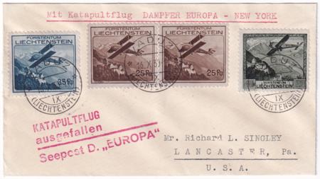 Liechtenstein 1930 Catapult Cover, Europa - New York