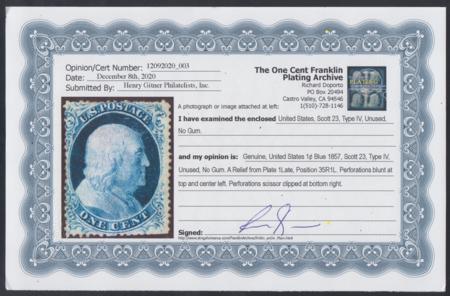 US 23 Early Classics Ave - F Mint Short Perfs - Unused, No Gum, Type IV, Position 35R1L New Cert, cv $4,250