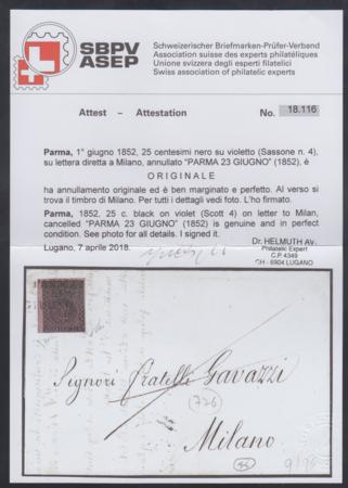 Italy Parma 4 VF Left Sheet Margin on Folded Letter to Milano, Signed Diena + Avi with Avi Cert cv $575