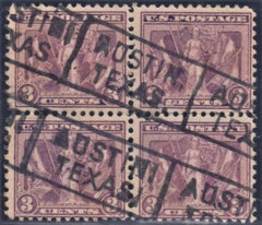 US 537b Early Commemoratives F - VF Used Block of 4 Austin TX Boxed Cancel - New PFC cv $250+