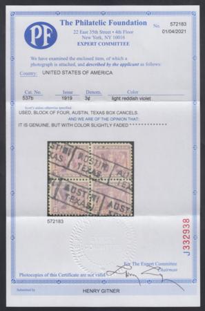 US 537b Early Commemoratives F - VF Used Block of 4 Austin TX Boxed Cancel - New PFC cv $250+