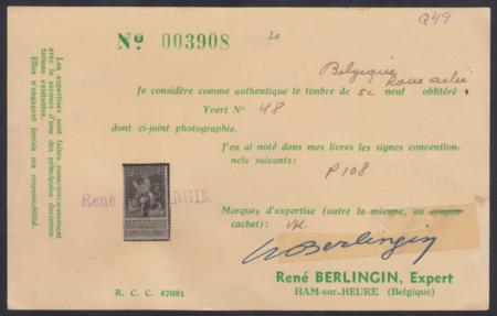 Belgium Q49 F - VF Mint NH Horizontal Gum Bend, Berlingin Cert cv $240