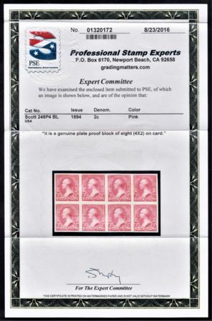 US 248P4 Essay XF Unused Block of 8 Card Proof PSE Cert cv $950