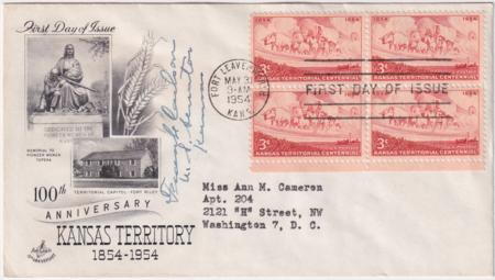 US 1061 Autographed FDC Signed by Frank Carlson, Senator