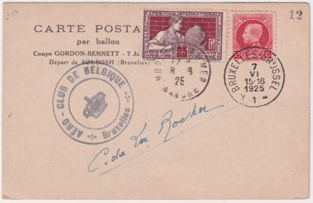 Belgium /France 1925 Gordon Bennett Balloon Card Signed by Pilot