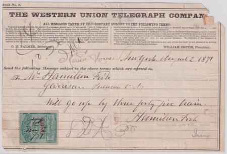 Autographs 1871 Hamilton Fish Signed Western Union Telegraph with 16T1