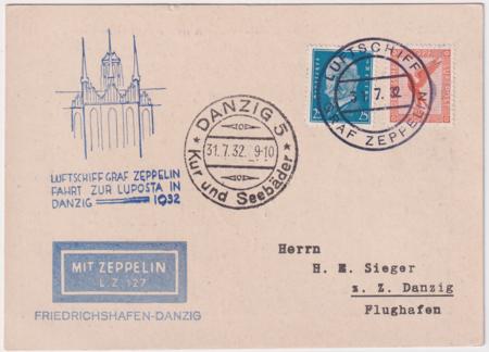 Germany 1932 Danzig Zeppelin Flight Card on Luposta  Card