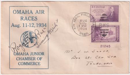 US 1934 Omaha Air Race Cover Flight Signed by Pilot, Roger Don Rae