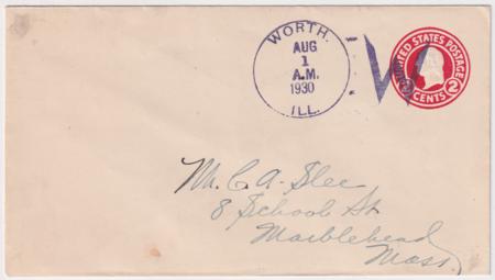 US Illinois, Worth U429 Fancy Cancel Cover, Large W Cancel