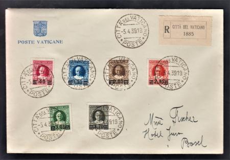 Vatican 35 - 40 1939 Full Set on Registered Post Office Cover to Basel Swiz, Backstamped April 6 cv $6,000