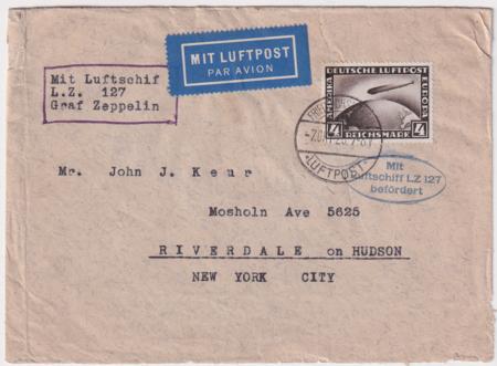 Germany 1928 Zeppelin American Flight Cover  with C37