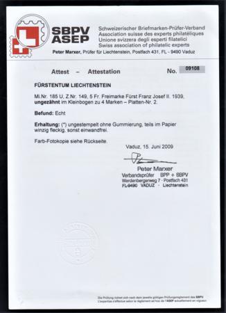 Liechtenstein 149a VF - XF Unused Imperf Souvenir Sheet Without Gum as Issued with Marxer Cert