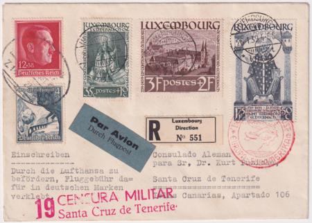 Luxembourg / Germany 1939 Censored  Reg. Air Cover to Canary Is