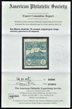Italy San Marino 75 Just Fine Hinged Nice Color AP Cert cv $275