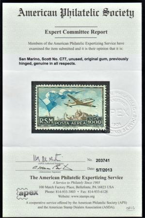 Italy San Marino C77 LH APS Cert cv $500