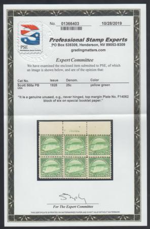 US 568a 1928 Special Booklet Paper PB Ave-F NH PSE Cert