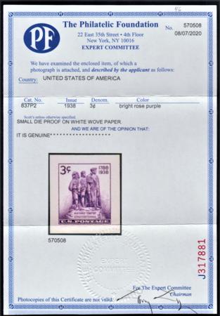 US 837P2 Superb Small Die Proof on White Wove - PF Cert