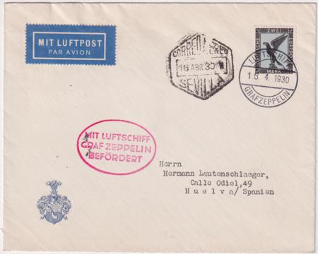 Germany 1930 Zeppelin  Spain Flight Cover with On Board Cancel