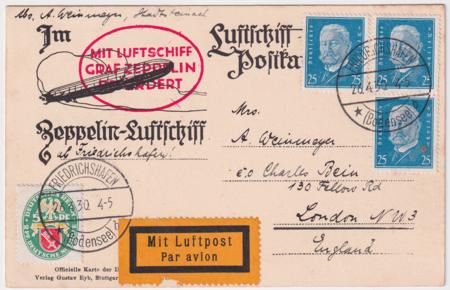 Germany 1930 Zeppelin Flight to England on PPC