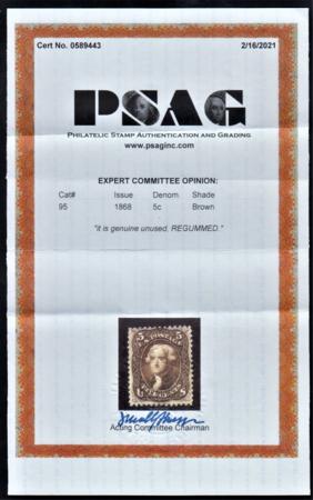 US 95 Early Classics F+ Mint Regummed PSAG Cert cv $1,250