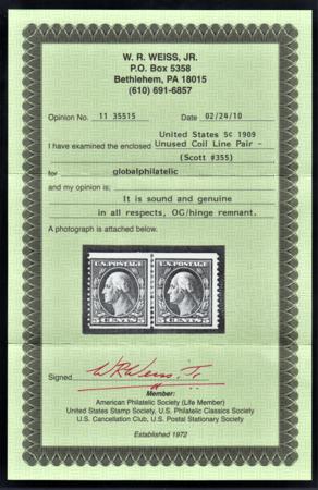 US 355 Washington / Franklin Fine Hinged Line Pair with Weiss Cert cv $1,500