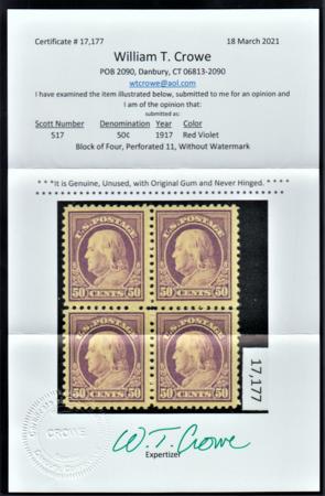 US 517 Washington / Franklin VF Mint NH Pristine Block of 4 Crowe Cert cv $420