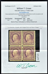 US 517 Washington / Franklin VF Mint NH Pristine Block of 4 Crowe Cert cv $420