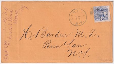 US 1869 Advertising Cover with 114 from Elmira, NY to Pen Yan NY, Train