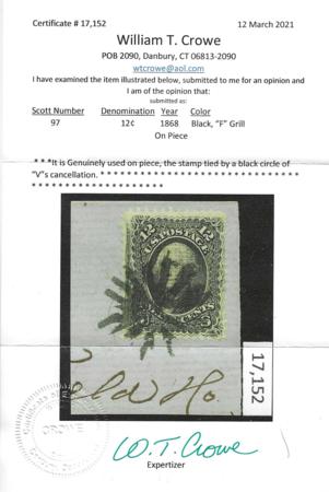 US 97 Early Classics F-VF Used On Piece, Beautiful "Circle of Vs" Fancy Cancel With Cert cv $250