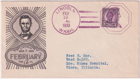 US Washington, Lincoln 635 Fancy Cancel Cover,  Lincoln Bust in Octagon Cancel