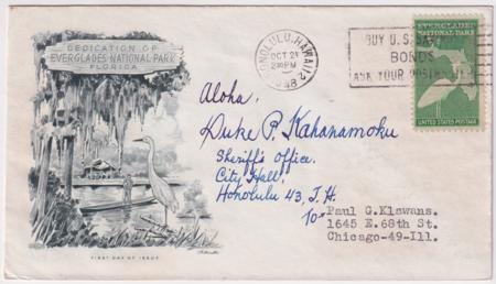 US 952 Cover Signed by Duke P. Kahanamoku, Swimmer, Surfer, Olympic Gold