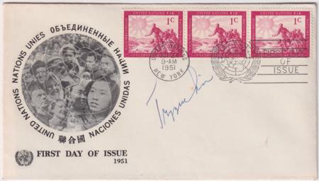 UN NY 1 FDC Signed by Trygve Lie, 1st Secretary General of the UN