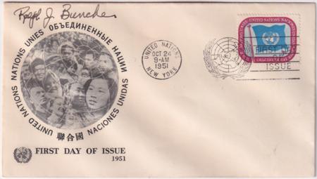 UN NY 4 FDC Signed by Ralph Bunche, Nobel Peace Prize
