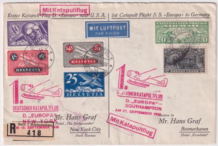Switzerland / US 1930 Europa Catapult Registered Cover
