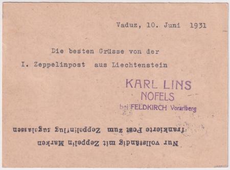 Liechtenstein 1931 Intended for Vaduz - Lausanne Zeppelin Flight