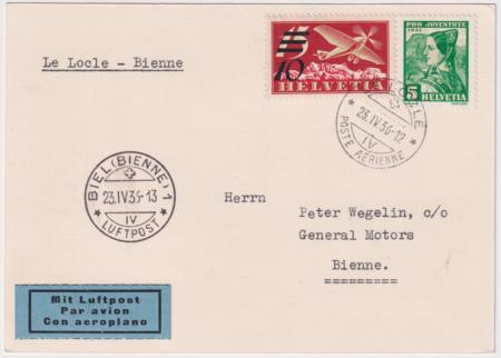 Switzerland 1936  Le Locle & Biel First Flight Card