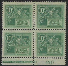 US E7 Special Delivery  F-VF Mint NH Block of 4 With Plate # Imprint cv $450