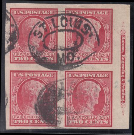 US 368 Early Commemoratives Used VF Block Block Of 4 With Imprint St.Louis, MO